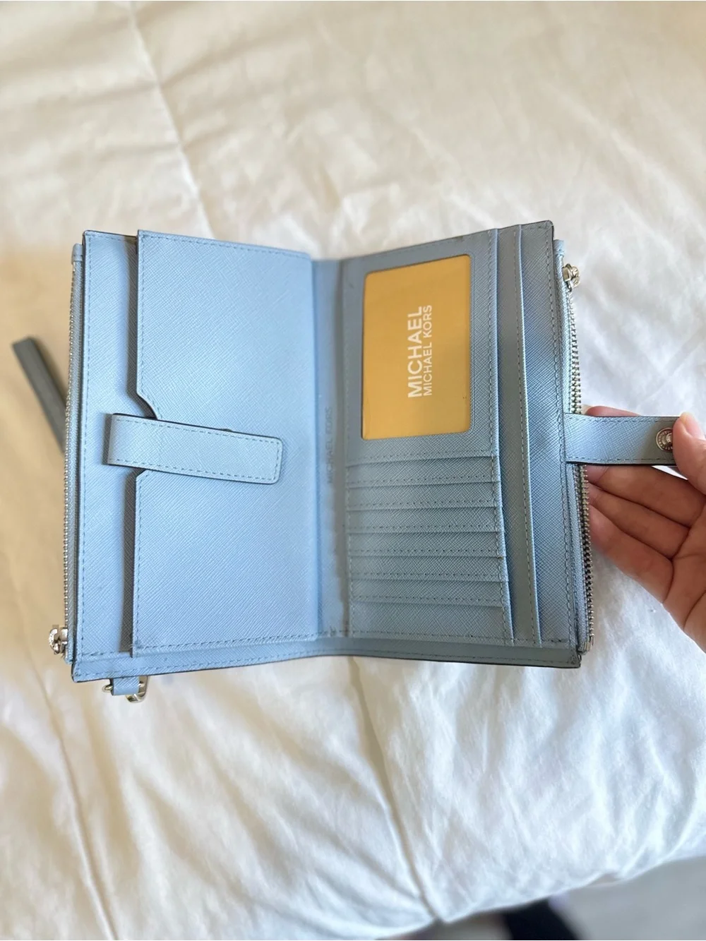 Michael Kors Light Blue Wristlet Clutch with Gold Logo